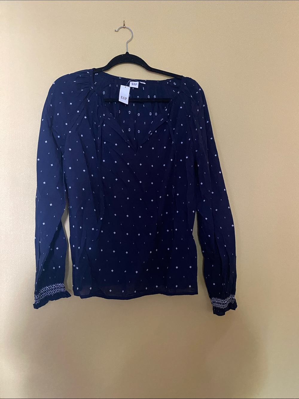 GAP Navy Long-Sleeve V-Neck Blouse with White Dot Print